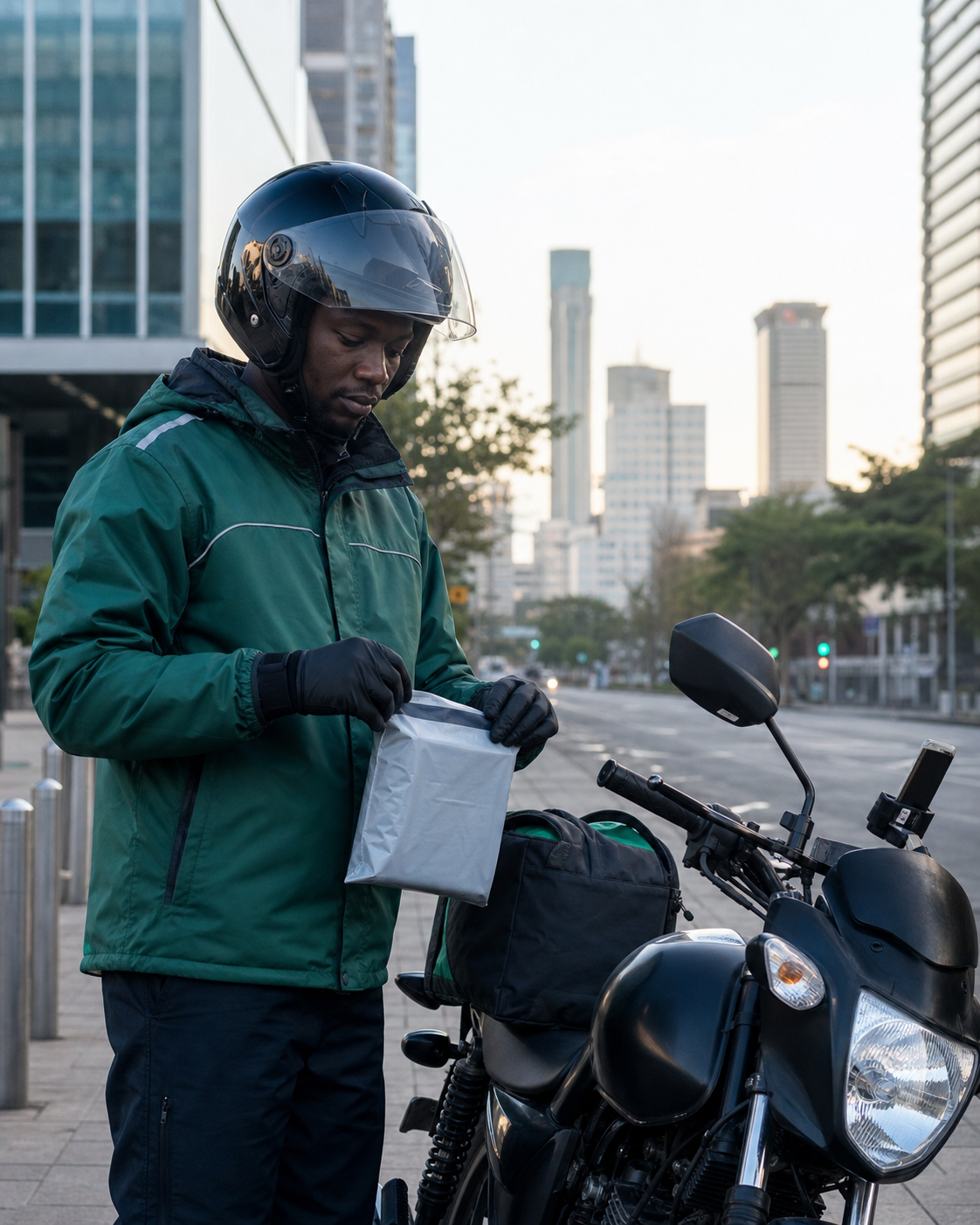 Healthcare delivery rider preparing a parcel